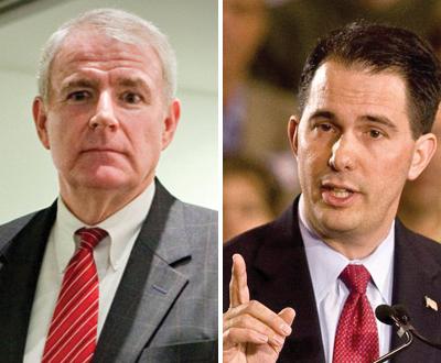 Contenders in Wisconsin's recall election: Democrat Tom Barrett (left) and Republican Gov. Scott Walker