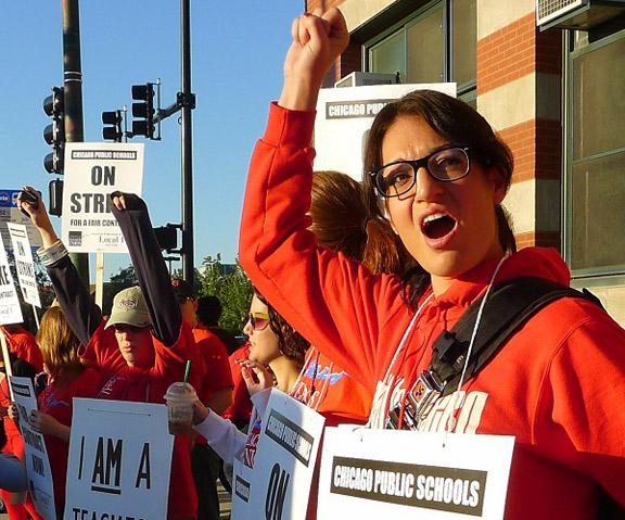 Chicago teachers picket outside Marshall Metro High School on the West Side