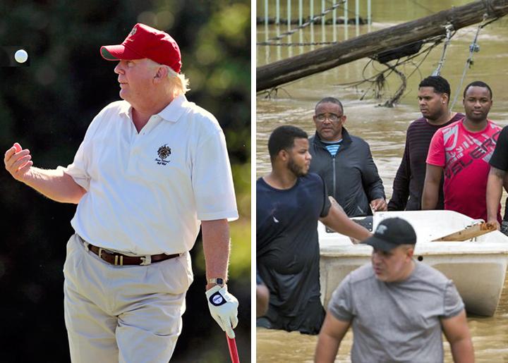 Left: Trump on the golf course; right: Flooding in Puerto Rico