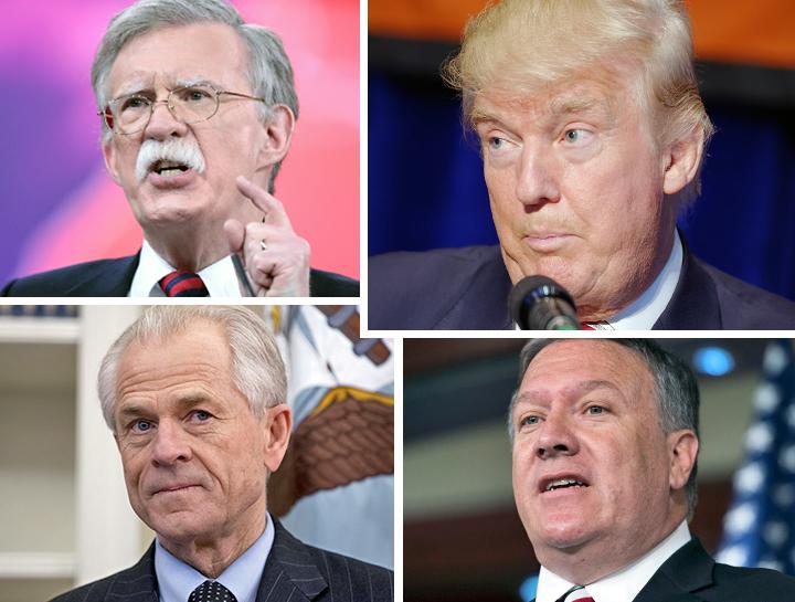 Clockwise from top left: John Bolton, Donald Trump, Mike Pompeo and Peter Navarro