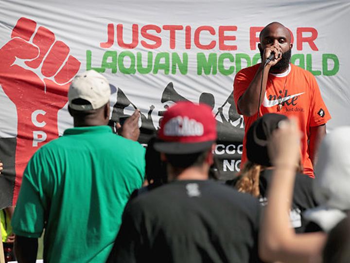 Will Calloway speaks at a rally demanding justice for Laquan McDonald