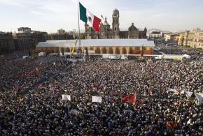 Supporters of Mexican reform presidential  candidate Andrews Manuel Lopez Obrador at a rally against privatization of the state-owned oil company in March 2008