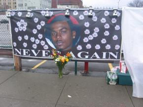 A banner to commemorate Sean Bell, appearing at a protest vigil in New York City, January 7, 2007