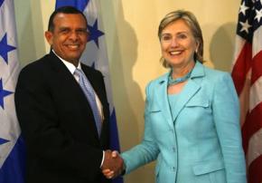 Porfirio Lobo, elected president of Honduras in a vote rigged by the coup regime, meets Hillary Clinton