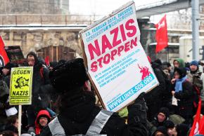 Participants in the No Pasaran protest stand up to Nazis in Dresden