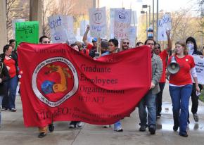 Graduate and undergraduate students were joined by faculty and union workers for a rally to support the GEO