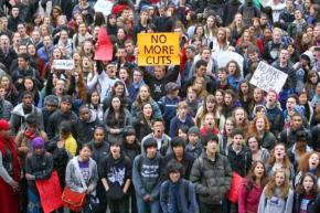 Students from Garfield High School rally after walking out against budget cuts