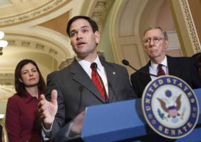 Republican Sens. (left to right) Kelly Ayotte, Marco Rubio and Mitch McConnell speak at a press conference