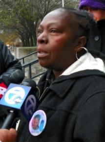 Mertilla Jones speaking to reporters following a pre-trial hearing in October
