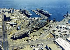 Aerial view of the San Francisco Naval Shipyard in Hunters Point in 1971