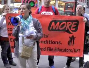 MORE activist Julie Cavanagh leads a protest for a "no" vote on the proposed contract