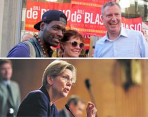 New York City Mayor Bill de Blasio (above right) and Massachusetts Sen. Elizabeth Warren (below)