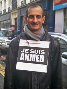 One of the marchers at the Paris "unity" rally makes a statement