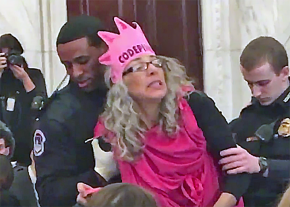 Activist Desiree Fairooz is arrested during a protest of Attorney General Jeff Sessions' confirmation hearing