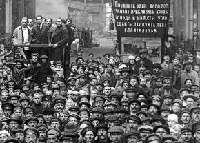 Workers attend a mass meeting in a Petrograd factory