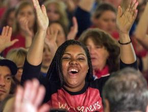 Striking teachers celebrate after the announcement of a victory in West Virginia