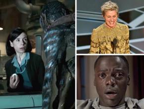 Clockwise from left: The Shape of Water, Frances McDormand at the Oscars ceremony, and Get Out