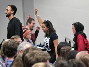 Students protest right-wing speaker Ann Coulter at the University of Colorado Boulder
