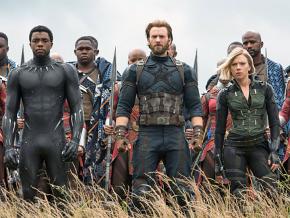Front, left to right: Chadwick Boseman, Chris Evans and Scarlett Johansson in Avengers: Infinity Wars