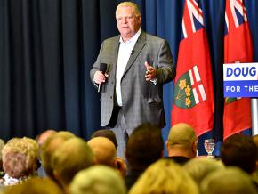 Ontario's conservative Premier-designate Doug Ford speaks to a crowd of supporters in Sudbury