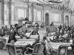 An illustration depicting a speech by Reconstruction-era lawmaker Robert B. Elliott in South Carolina