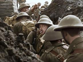 A scene of soldiers in the trenches from Peter Jackson's They Shall Not Grow Old