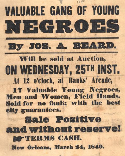 An ad for a slave auction in 1840