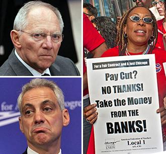 Clockwise from top left: Wolfgang Schäuble; Chicago teachers protest budget cuts; and Rahm Emanuel