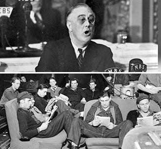 Above: Franklin Roosevelt speaks to Congress; and below: the 1937 Flint sit-down strike