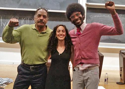 Speakers at the solidarity event at Columbia: left to right, former Black Panther Aaron Dixon, Columbia Students for Justice in Palestine member Jannine Salman, and tour co-organizer Khury Petersen-Smith