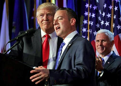 Donald Trump with new Chief of Staff Reince Priebus (speaking) and Mike Pence (right)