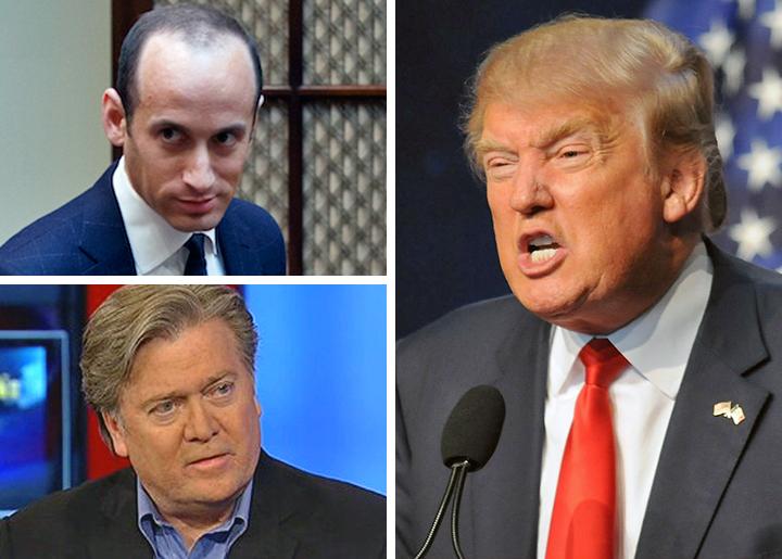 Clockwise from top left: Stephen Miller, Donald Trump and Steve Bannon