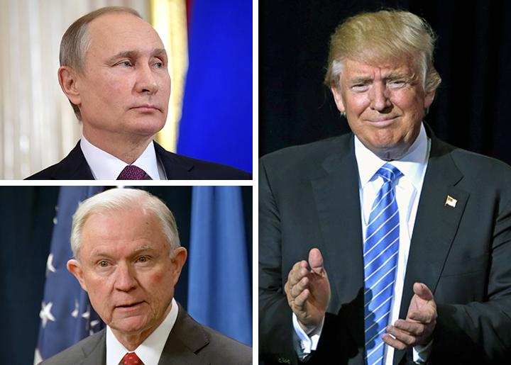 Clockwise from top left: Vladimir Putin, Donald Trump and Jeff Sessions