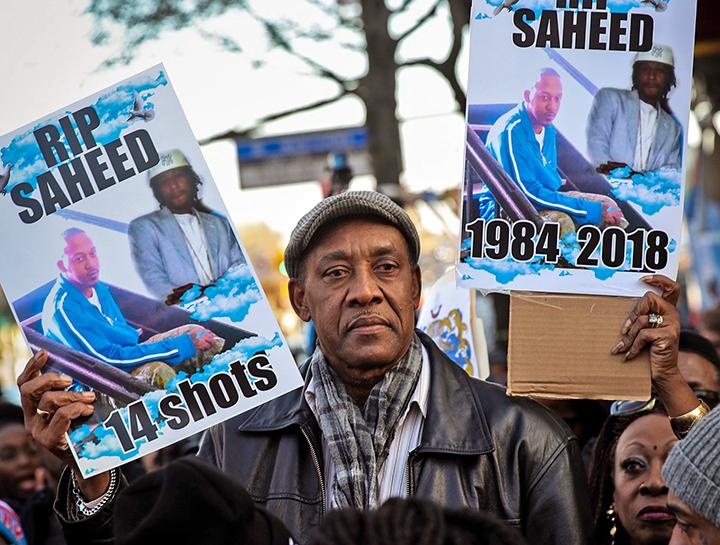 Eric Vassell protests the murder of his son Saheed by the NYPD