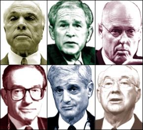 Clockwise from top left: Angelo Mozilo, George Bush, Henry Paulson, Phil Gramm, Robert Rubin, Alan Greenspan