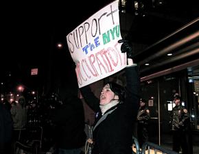 Supporters rallied outside during the NYU student occupation