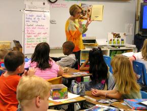 An elementary school teacher leads a guided reading lesson