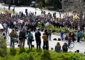 Hundreds of students gathered at the base of the UC Santa Cruz campus for a March 4 rally