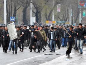 Opposition demonstrators during a confrontation with riot police in the capital of Bishkek