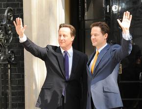 Britain's new Prime Minister David Cameron and Deputy Prime Minister Nick Clegg outside 10 Downing Street