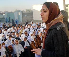 Malalai Joya visiting an all-girls school in Farah Province, Afghanistan
