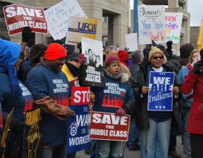 Union members protest at the Indiana statehouse against right-to-work legislation