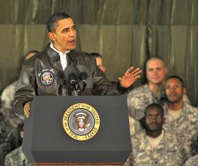 Barack Obama makes a speech in front of troops in Afghanistan