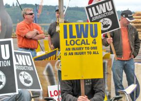 Members of ILWU picketing in July at the Port of Longview