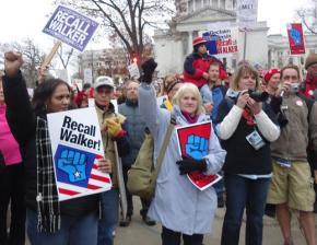 Protesters gathered for a rally to to kick off the campaign to recall Gov. Scott Walker