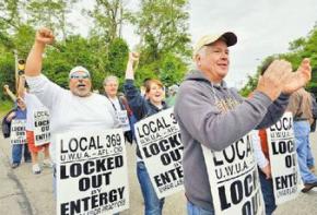 Locked-out workers rally outside the Pilgrim Nuclear Power plant
