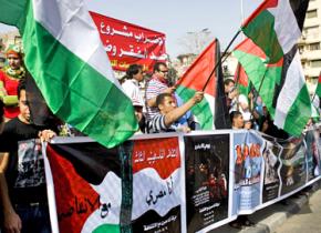 Protesters gathered in Tahrir Square carry Palestinian flags in a show of solidarity