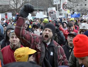 Workers from across Michigan and the Midwest gather to protest the Republicans' "right-to-work" attack