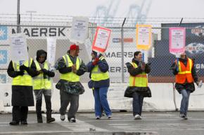 ILWU members on the picket line in Long Beach on the first day of their walkout