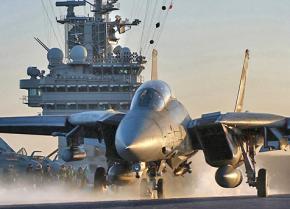 A U.S. warplane on the deck of on an aircraft carrier in the Persian Gulf